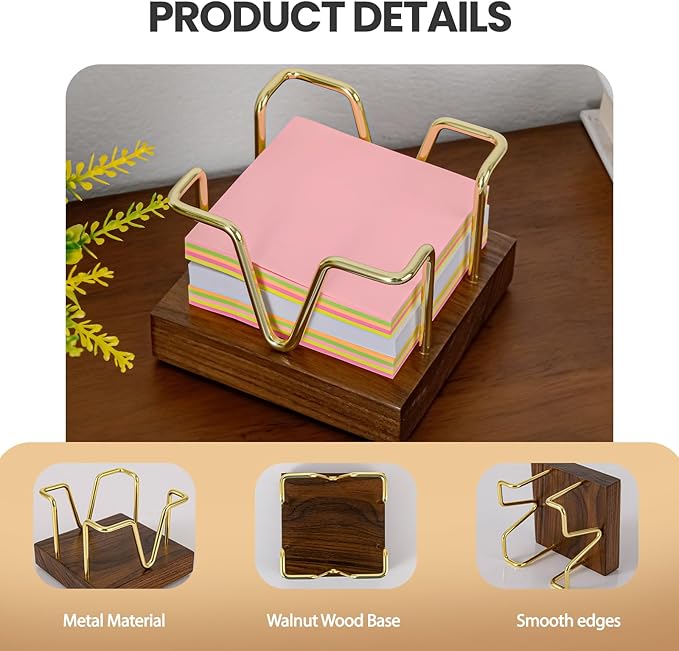 Walnut Wood Sticky Note Holder, 3 x 3 inch Self Stick Note Pad Holder, Post It Note Dispenser Desk Accessories for School and Office Desk Organizer, Gold
