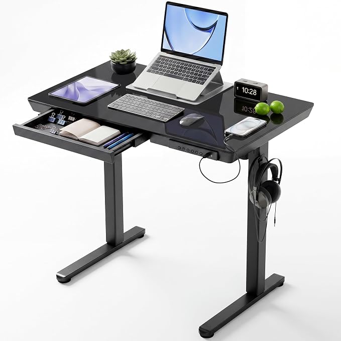 Claiks Small Glass Standing Desk with Drawers & USB Ports 35x19 Black | 3 Steps Quick Install, Buil in Drawer, USB Ports, Ultra White One-Piece Glass Top, Writable Top