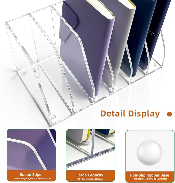 Clear Acrylic Magazine File Holder, 6 Compartment Desk Organizer | 6 spacious vertical compartments hold magazines, files, books & more. 5mm thick clear acrylic, non-slip base. No assembly.