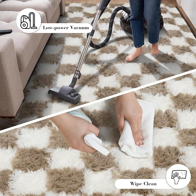 Checkered Rug for Living Room, 6x9 Beige and White Area Rugs, Classic Checkered Carpets Shag Area Rug, Bedside Rugs for Living Room Bedroom Room Home Decor