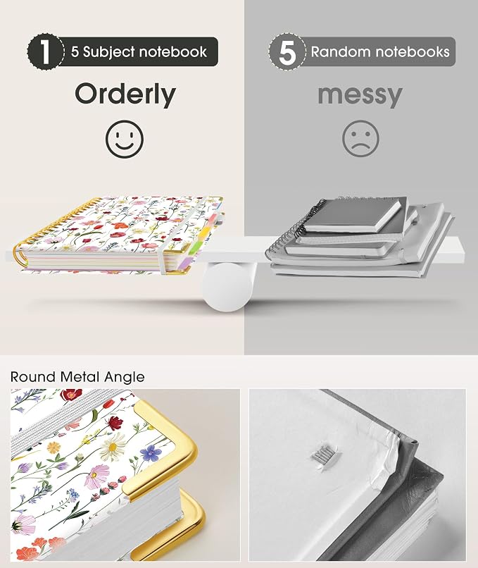 Hardcover Spiral Notebook 8.5"x11" Journal with Removable Dividers Tabs, 300 Pages 5 Subject Notebook College Ruled, Large A4 Notebooks for Work School, Journal for Women, A4 Flower White