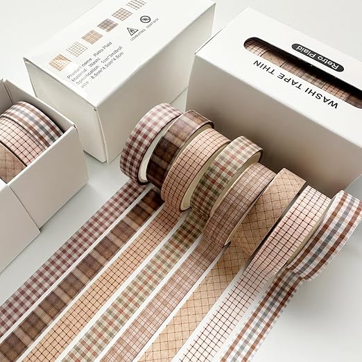 Vintage Washi Tape Set 8 Rolls Thin Retro Decorative Antique Patterns Masking Tapes for Arts, DIY Crafts, Journals, Planners, Scrapbook, Wrapping (Retro Plaid)
