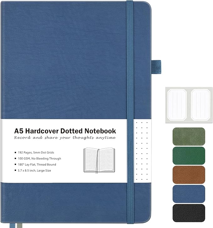 Dotted Journal, Hardcover Notebook, Dot Grid Notebook Journal for Women, Men, Large Leather Journals for Writing, Bullet, No Bleed Thick Paper, A5 Notebooks for Work, School, Notes, 5.7"x8.5", Blue