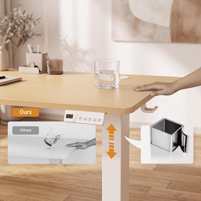 Claiks Electric Small Standing Desk, 35x20 Inch, Nature | Adjustable height for sit-stand, 156lbs capacity, scratch-resistant surface, 3 memory presets, cable management & hook.