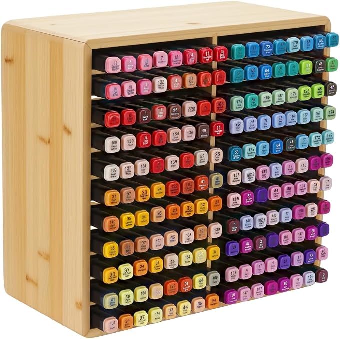 UCEC Bamboo Marker Organizer for 176 Markers, 11-Tier Desktop Marker Storage Rack with 22 Wide Compartments, Stackable Alcohol Pen Holder for Artists, Classroom, Studio Decor