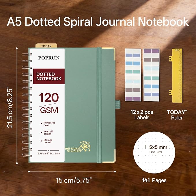 POPRUN Dotted Journal Spiral Notebook, A5 Bullet Dot Grid Journals for Women Men, 120 GSM Thick Paper, 141 Pages Hardcover Notebooks for Journaling, Drawing, Writing, 5.75'' x 8.25'' Midnight Green