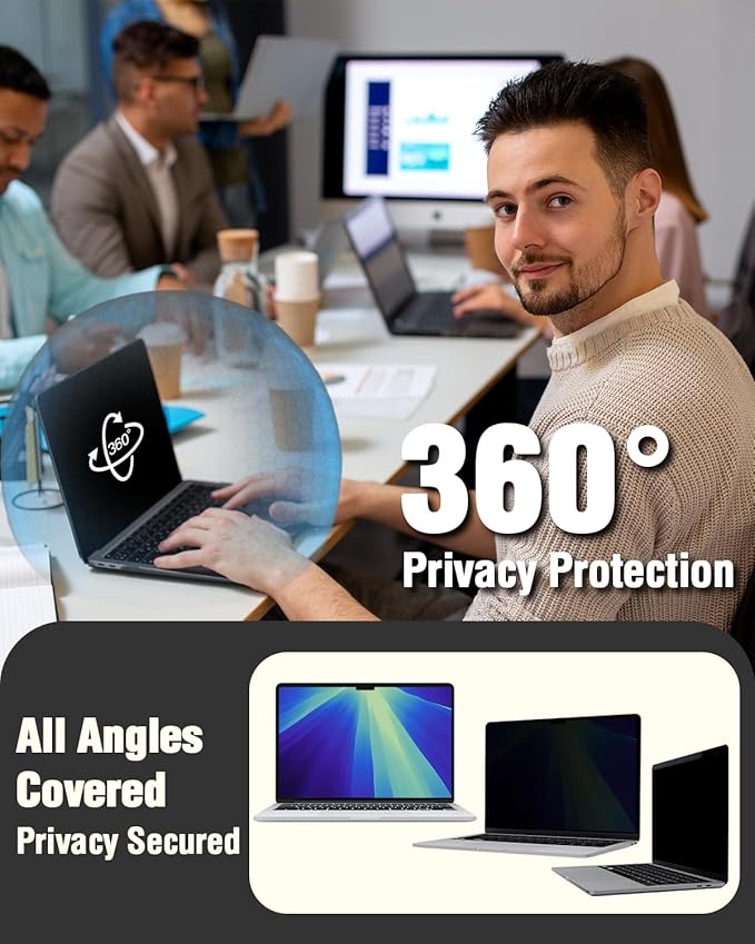 F FORITO Magnetic Laptop Privacy Screen 14 inch 16:9, 360° Anti Peeping Removable Anti Glare Blue Light Filter Compatible with All 14” 16:9 Laptops Portable Monitors