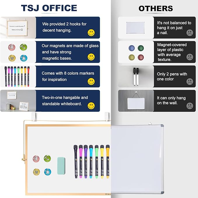 TSJ OFFICE Small White Board - 12 X 16 Inches Small Magnetic Dry Erase Board with Hooks for Wall, Desktop Whiteboard Stand 360 Degrees Revolving Double Sided for Office, Home, School, Gold