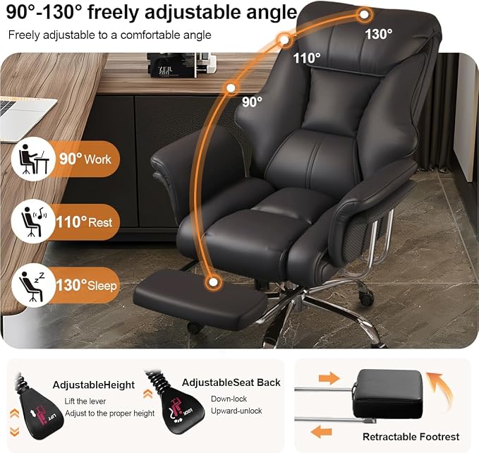 Big and Tall Office Chair Wide Seat Ergonomic Leather Executive Desk Chair with Leg Rest, Heavy-Duty 550 lbs Adjustable Height Computer Gaming Chairs