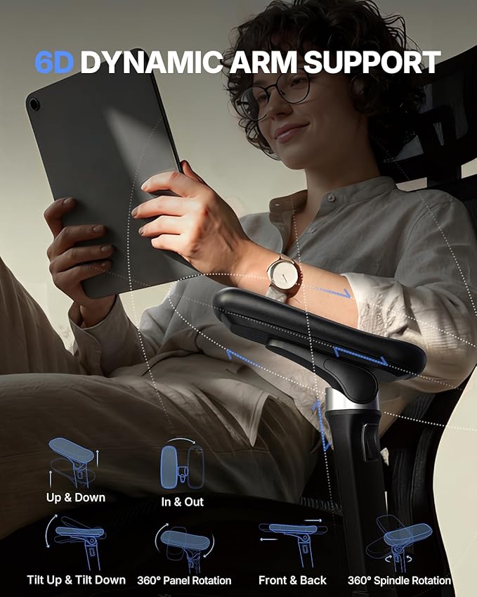 HUANUO FlowLift™ Ergonomic Office Chair with 6D Armrest and Lumbar Support | Seat depth adjustment, quiet rubber caster, 3D headrest, high back mesh, big and tall design, 4-position recline