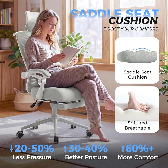 Ergonomic Office Chair - Adjustable Lumbar & Headrest, 90-160° Reclining with Footrest, Breathable Mesh Back - Home Office/Gaming Computer Chair (Modern, Light Grey)