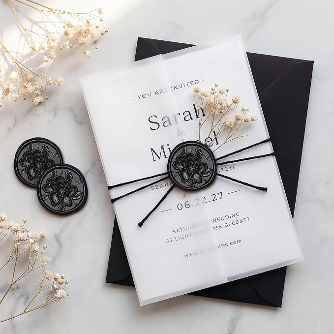 UNIQOOO Wax Seal Stickers - 3D Vintage Floral Wedding Invitation Envelope Botanical Seal Stickers, 50 Pcs Self- Adhesive Black Flower Stickers, Perfect for Invitation, Gift Wrapping, Party