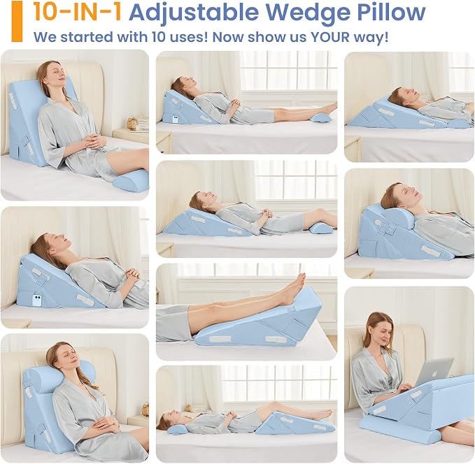 Sasttie Adjustable Wedge Pillow Set for After Surgery, Blue | 2PCS Bed Wedge Pillow Headboard with Memory Foam Neck Cushion, for Acid Reflux, Sleeping, Neck & Back Support
