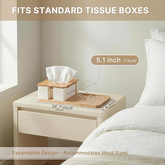 Bamboo Tissue Box Holder with Organizer Tray for Desk, Nightstand, Home | Decorative rectangle tissue box cover for nightstand, office desk, living room and bedside table, fits standard boxes