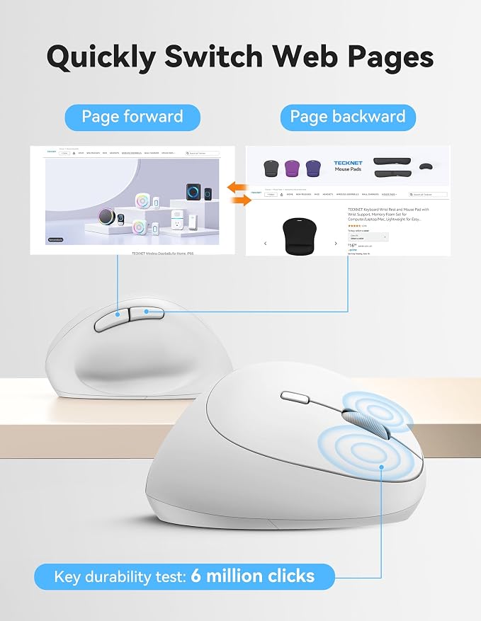TECKNET Ergonomic Wireless Mouse 2.4G Vertical Mouse Silent 4800 DPI | 5 Adjustable DPI Levels, 6 Buttons, Compatible with Laptop, PC, Chromebook, Mac - Light White