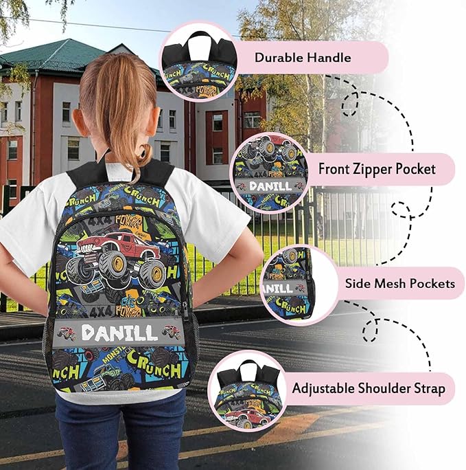 Personalized Cars Toddler Backpack with Name Custom Kids School Backpack for Boys Back to School Supplies Customized Name Schoolbag Bookbag and Water Bottle Cup&Pencil Pouch for Preschool Elementary