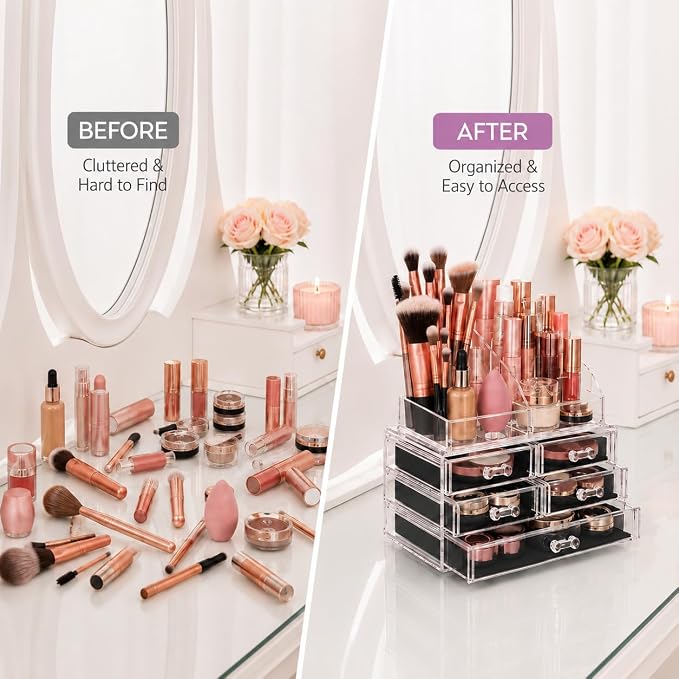 Brookstone Makeup Organizer Countertop, Cosmetic Display Case, Acrylic Makeup Storage for Vanity, Clear Make-up Organizer for Vanity, Accessories Holder with Drawers