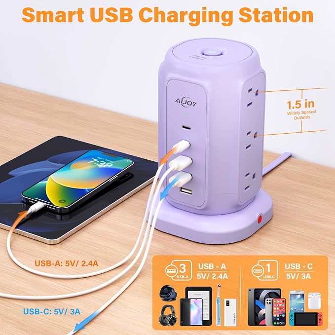 AiJoy Flat Plug Power Strip Tower with 9 AC Outlets and 5 USB Ports | USB Charging Station with 1200J Protection, 6 Feet Extension Cord for Apartment Essentials, Desk Accessories for Women