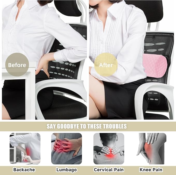 Coeyese Lumbar Roll Pillow for Lower Back Support, Light Pink, 11 * 4.3'' | Removable Pillowcase, Upgraded Adjustable Strap, Suitable for Office, Chair, Car, Seat Pain Relief & Improving Posture