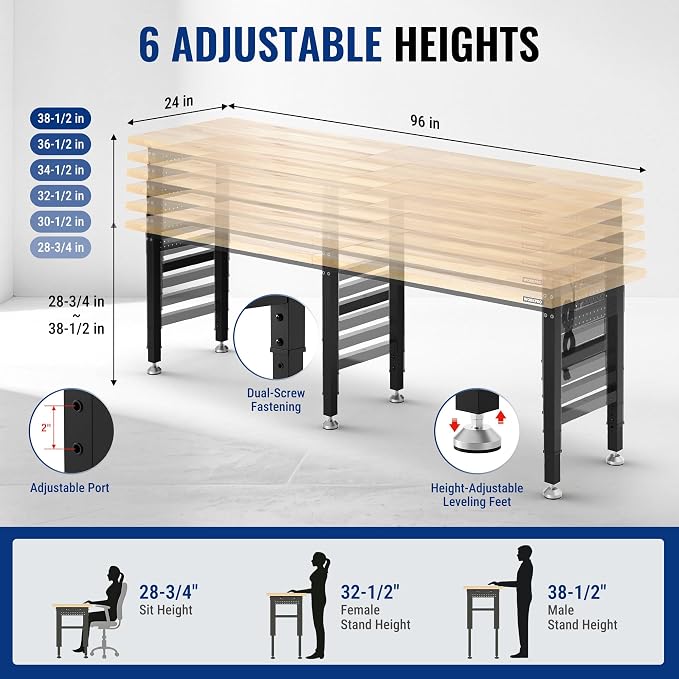 WORKPRO 96" Adjustable Workbench, Power Outlet & Pegboard, 4000LBS Capacity