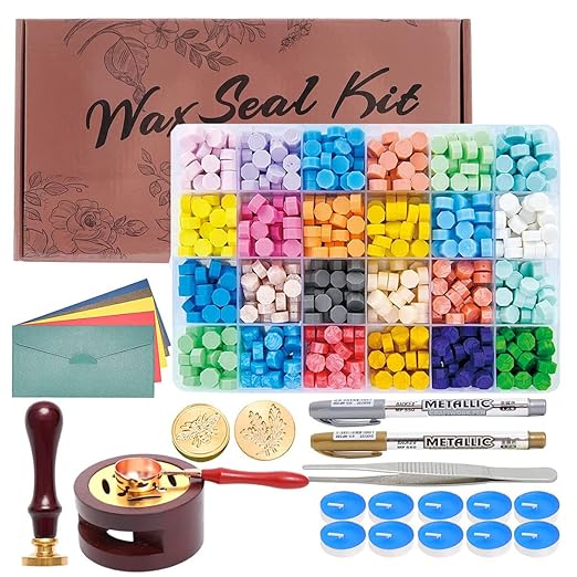 Wax Seal Kit - 624Pc Stamp Kit with 24 Colors, Spoon, 10 Tea Candles, Warmer, Pen