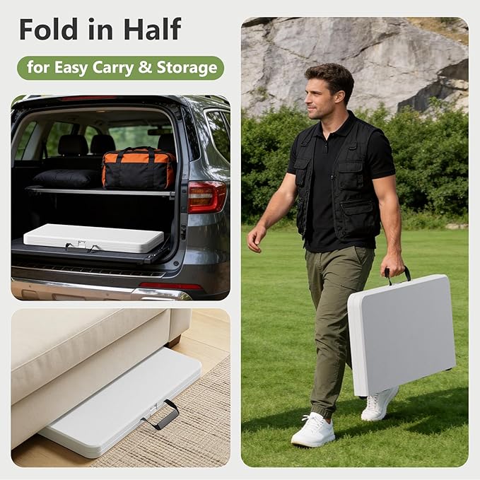 Folding Table, 36 Inch Square Foldable Card Table with Carrying Handle, Heavy Duty Fold-in-Half Portable Table No Assembly, Ideal for Picnic, Camping, RV Travel, Parties, BBQs, Crafting and Indoor Use