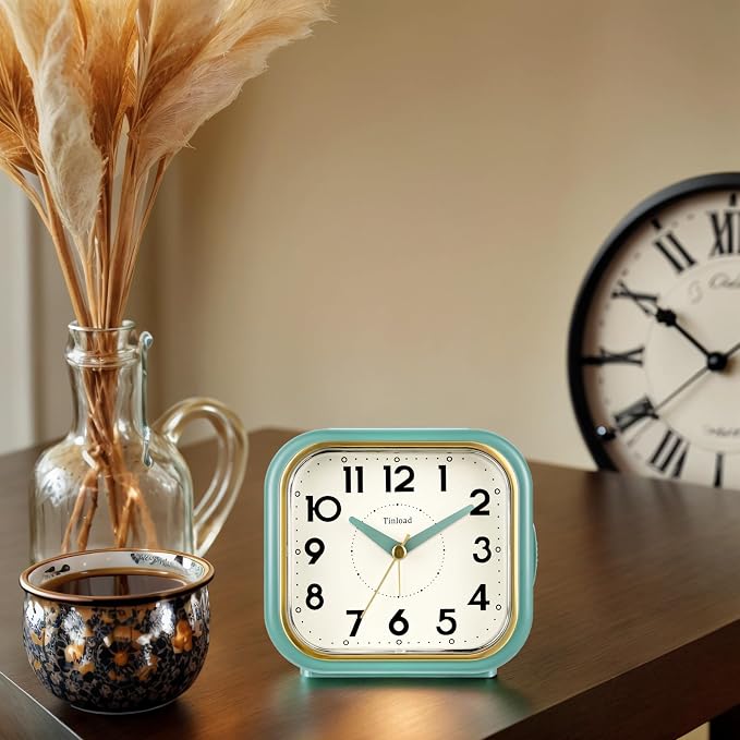 Tinload 4.3" Vintage Retro Analog Alarm Clock, Super Silent Non Ticking Clock with Manual Light, Snooze, Battery Operated, Simply Design, for Living Room, Bedroom, Bedside, Desk(Green-V2)