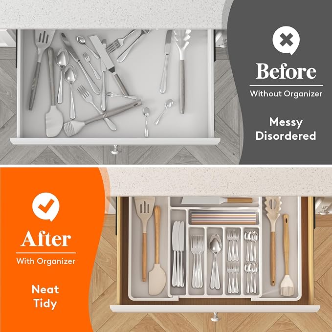 Lifewit Utensil Organizer for Kitchen Drawer, Expandable Cooking Silverware Tray, Adjustable Cutlery Flatware Holder, Plastic Spatula Tools Storage Divider, 13-22.4 x 15", White