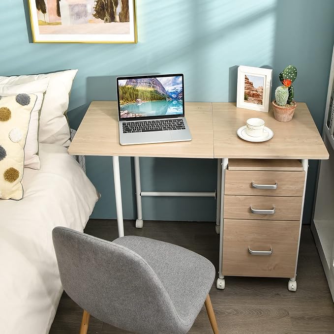 Tangkula Folding Computer Desk with 3 Storage Drawers, Mobile Home Office Desk Study Writing Desk with Smooth Wheels, Space Saving Compact Desk for Dorm Apartment, Rolling Folding Desk Table