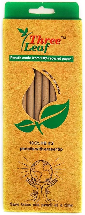 three leaf Recycled Paper Pencils (Pack of 10) - 100% Eco Friendly, Earth Friendly Pencil with Latex Free Eraser - Non toxic Wood free Pencil, 2 HB