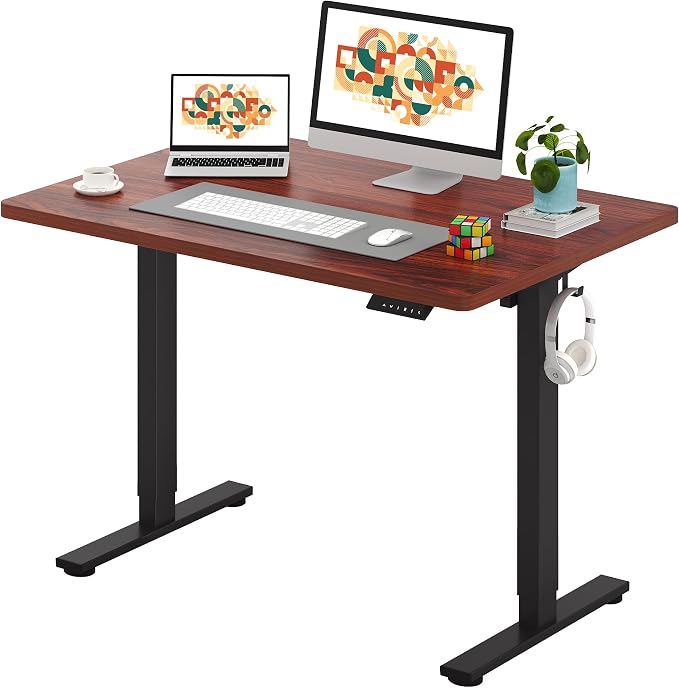 SANODESK One-Piece Electric Standing Desk, Seamless 48 x 30'' Ergonomic Height Adjustable Sit Stand Desk with Memory Presets for Home Office Computer Workstation, Black Frame/Mahogany Top