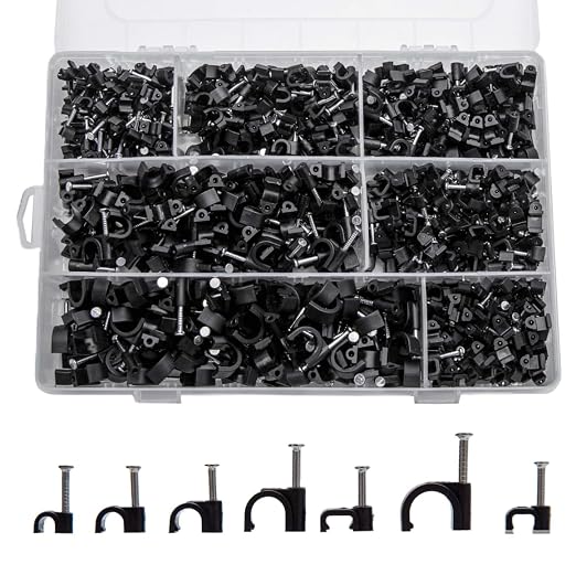 700 Pcs Cable Clips with Steel Nails, Nail in Cable Clips, Black 4/5/6/8/10mm Cable Wire Clips, Cable Wall Clips, Wire Staples Cord Clips with Nails for Speaker Ethernet Cords Wires