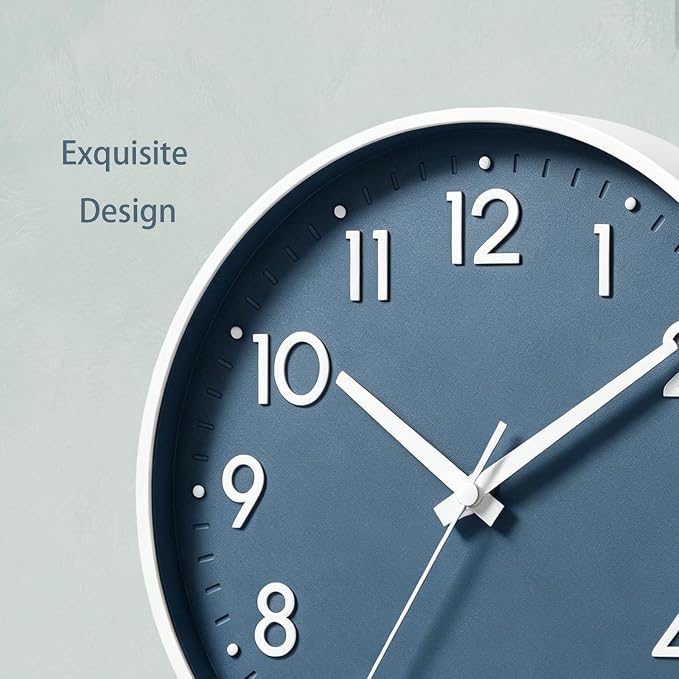 Mosewa 10 Inch Wall Clock Battery Operated Silent Non Ticking Analog | Azure Blue modern clock; oversized 3D easy-read dial for kitchen, bedroom & office; 1 AA battery (not included)