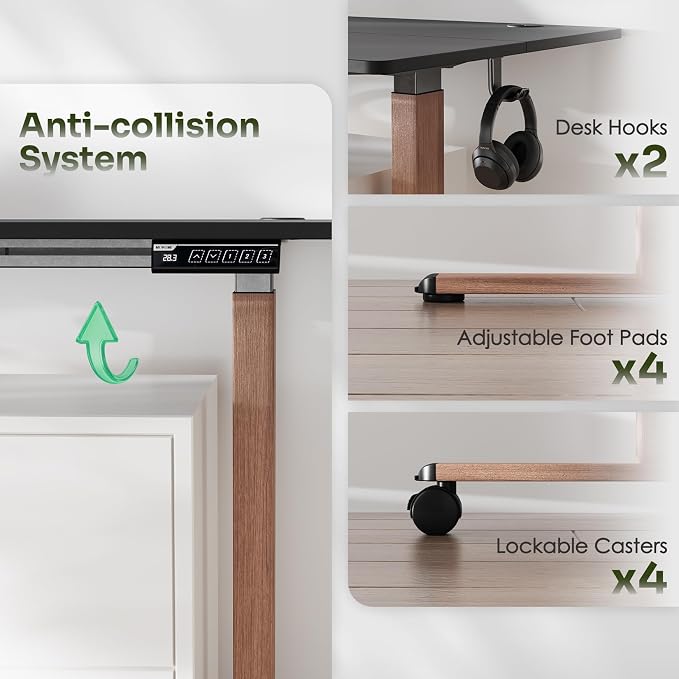 Monomi Electric Standing Desk 55”x24”, Height Adjustable Desk with Wheels | Sit Stand Up Desk for Home Office,Ergonomic Computer desk with Memory Preset and Anti-Collision,Headphone Hook, Black