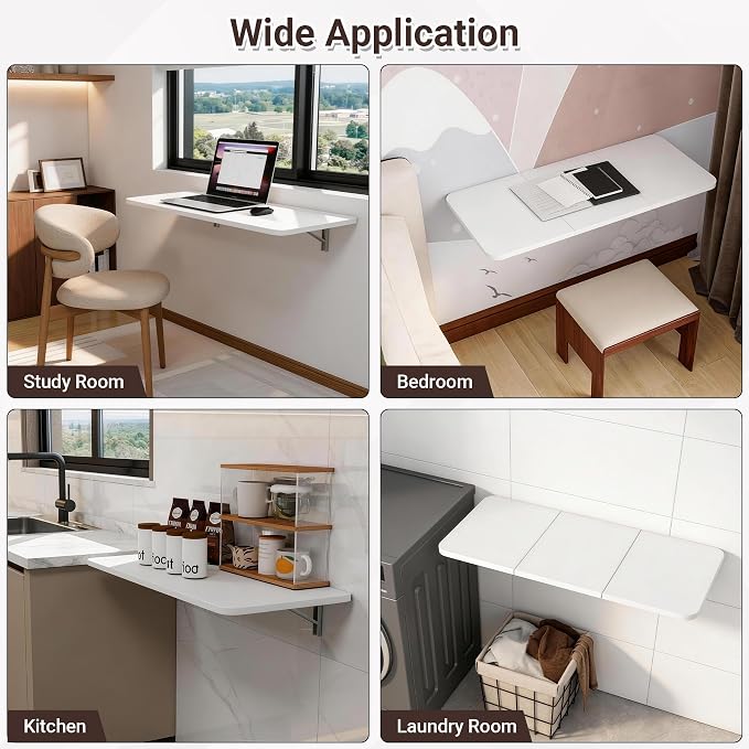 Neoaider Wall Mounted Folding Desk 35.4” x 15.7”, Drop Down Table with Metal Collapsible Brackets, Folding Wall Table for Small Spaces, Home, Office, Kitchen, Laundry Room-White