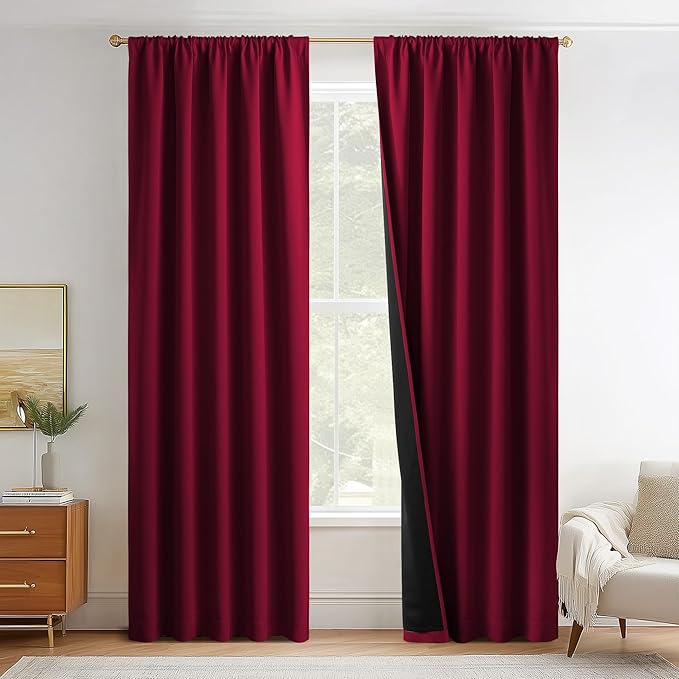 NICETOWN Wine Red 100% Blackout Curtain Panels, Rod Pocket Window Curtains with Black Liner for Nursery, 52 inches Wide Each Panel, 84 inches Drop Cold and Full Light Blocking Draperies (2 Pieces)