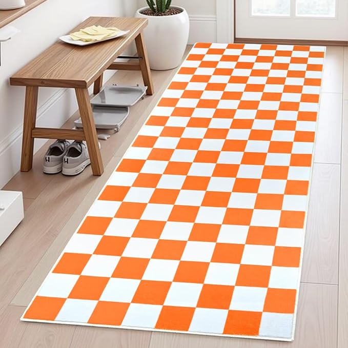 Terrug Orange and White Checkered Area Rug for Kitchen,2x6 Runner Rugs Washable with Non Slip for Bedroom,Soft Low Pile Stain Resistance Retro Carpet for Entryway Hallway