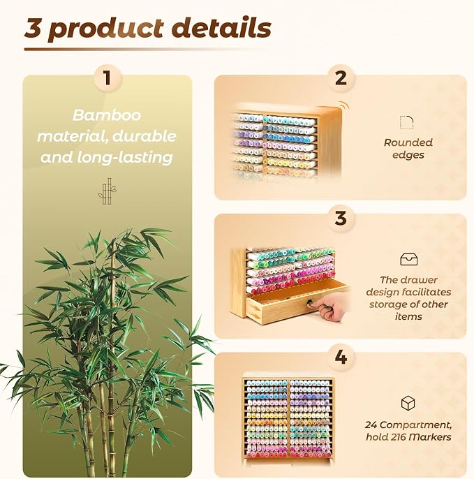 Marker Organizer, 24 Slots Wooden Storage for Up to 216 Markers with Drawer | Art Supply Alcohol Pen Storage Desktop Bamboo Marker Holder,Keeping Color Visible,Easy to Reach in Home Office and Classroom.