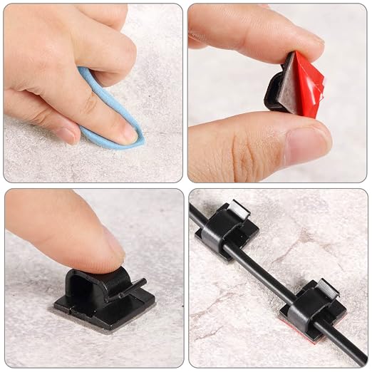 Maitys 60 Pcs Adhesive Cable Wire Clips Outdoor, Christmas Light Clips Cable Management Cord Holder Organizer for Fairy String Light Under Desk, Wall, Car, TV PC Ethernet(Small,Black)
