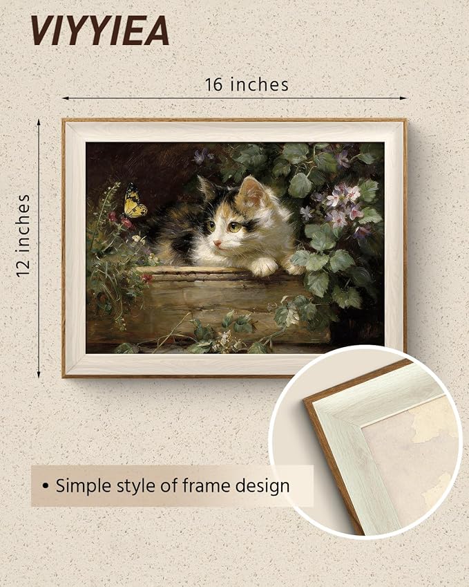 VIYYIEA Framed Wall Art for Living Room, Cute Calico Kitten and Butterfly Canvas Prints, Vintage Farmhouse Oil Painting, Home Decor for Nursery Bedroom Office Kitchen Bathroom, 12x16 Inch