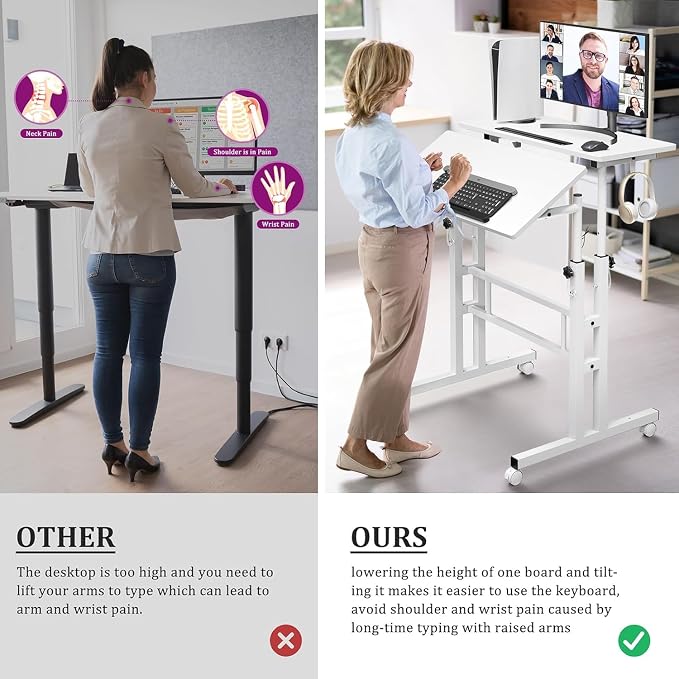 Simple Deluxe Split Top Rotating Standing Desk on Wheels – 23.6" Manual Adjustable Height Mobile Laptop Computer Table – Sit Stand Rolling Workstation with Tilt Function – White