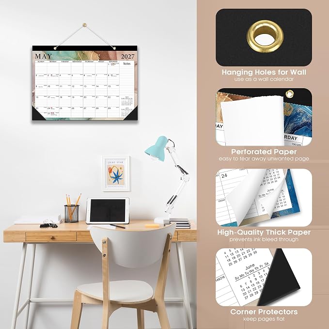 Desk Calendar 2026, 18 Months Calendar Runs from January 2026 to June 2027 - Large 17" x 12" Desktop/Wall Monthly Calendar for Home School, or Office - Gilded Elegance