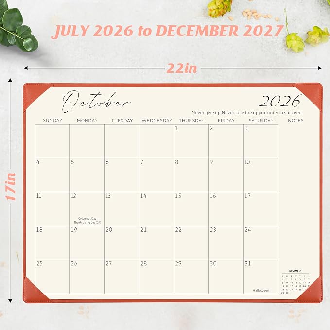 Gannyfer Large Desk Calendar 2026-2027 with Desktop Mat, Simplified 22" x 17" Desktop Pad Calendar, 18 Month Table Calendar from Jul 2026 to Dec 2027 (Orange Color)