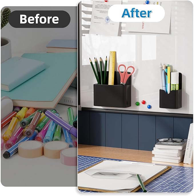 Magnetic Pen and Eraser Holder for Whiteboard, Dry Erase Marker Holder, Magnet Pencil Cup Utility Storage Organizer for Office, Refrigerator, Locker and Metal Cabinets (Black)
