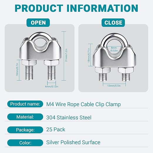 25Pcs 3/16 inch Stainless Steel Wire Rope Cable Clamp,M4 Wire Rope Clamp for Various Commercial, Industrial, and Residential Projects