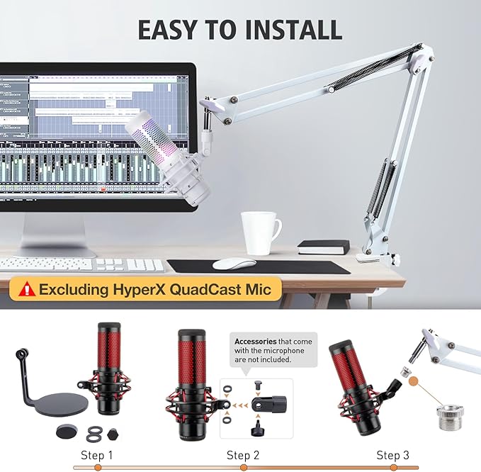 For HyperX QuadCast S White Boom Arm - White Mic Arm Compatible with Hyper x QuadCast, Microphone Boom Arm with Pop Filter, Improve Sound Quality, Mic Boom Arm for Hyperx QuadCast by SUNMON