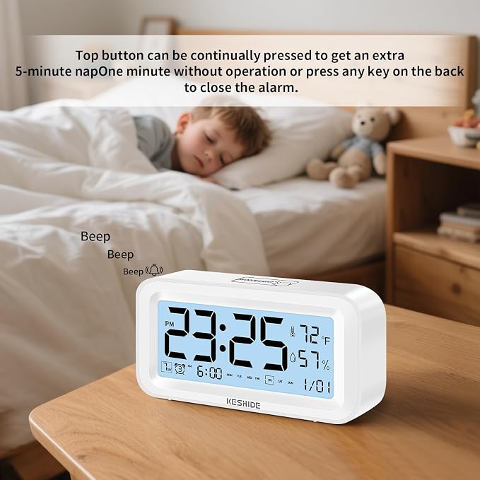 Night Light Digital Alarm Clock Battery Operated with Indoor Temperature Humidity, Desk Small Clock,Snooze Model,12/24H Display for Bedrooms Heavy Sleepers Kids Travel Bathroom (White)
