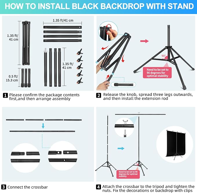 Black Backdrop Background with Stand for Photoshoot, 5x6.5ft Black Photo Backdrop Curtain Cloth with Background Support Stand, 5 Spring Clamps& Carrying Bag for Party Photography Video Studio