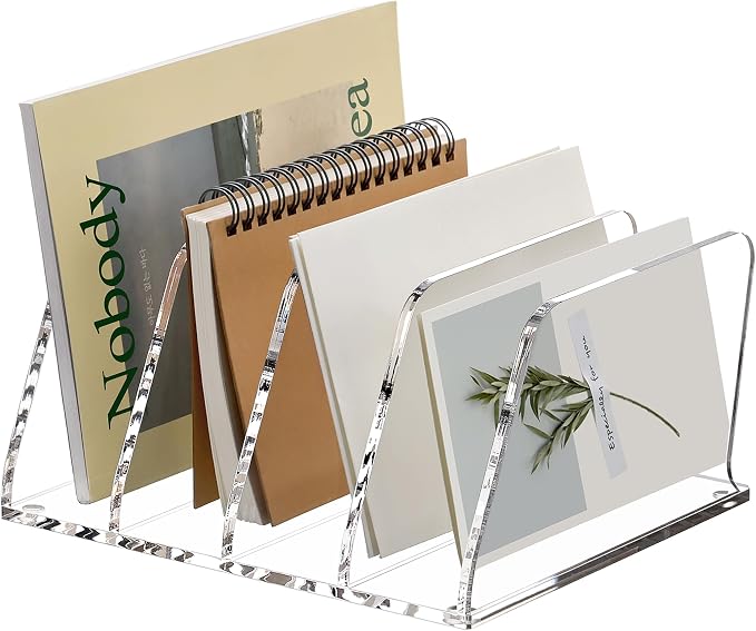 SANRUI Acrylic Desk Mails File Sorter Clear Letter Organizer Holder,4 Slot | Vertical File Folder Rack,Notebook Magazine Desktop Binder Mails Storage Bookshelf Upright Divider for Home Office School