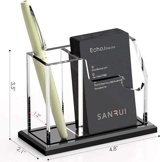 SANRUI Acrylic Business Card Holder with Pen Holder, 2-Slot Vertical | 8mm thick stable base, desktop card organizer for office reception & trade shows, holds cards & stationery, space-saving